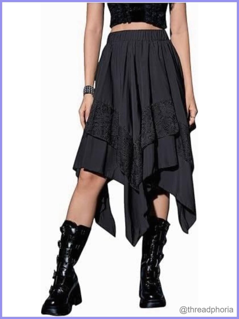 Asymmetrical High Low Hem Flowy Skirt Lace Trim Elastic Waist Whimsical